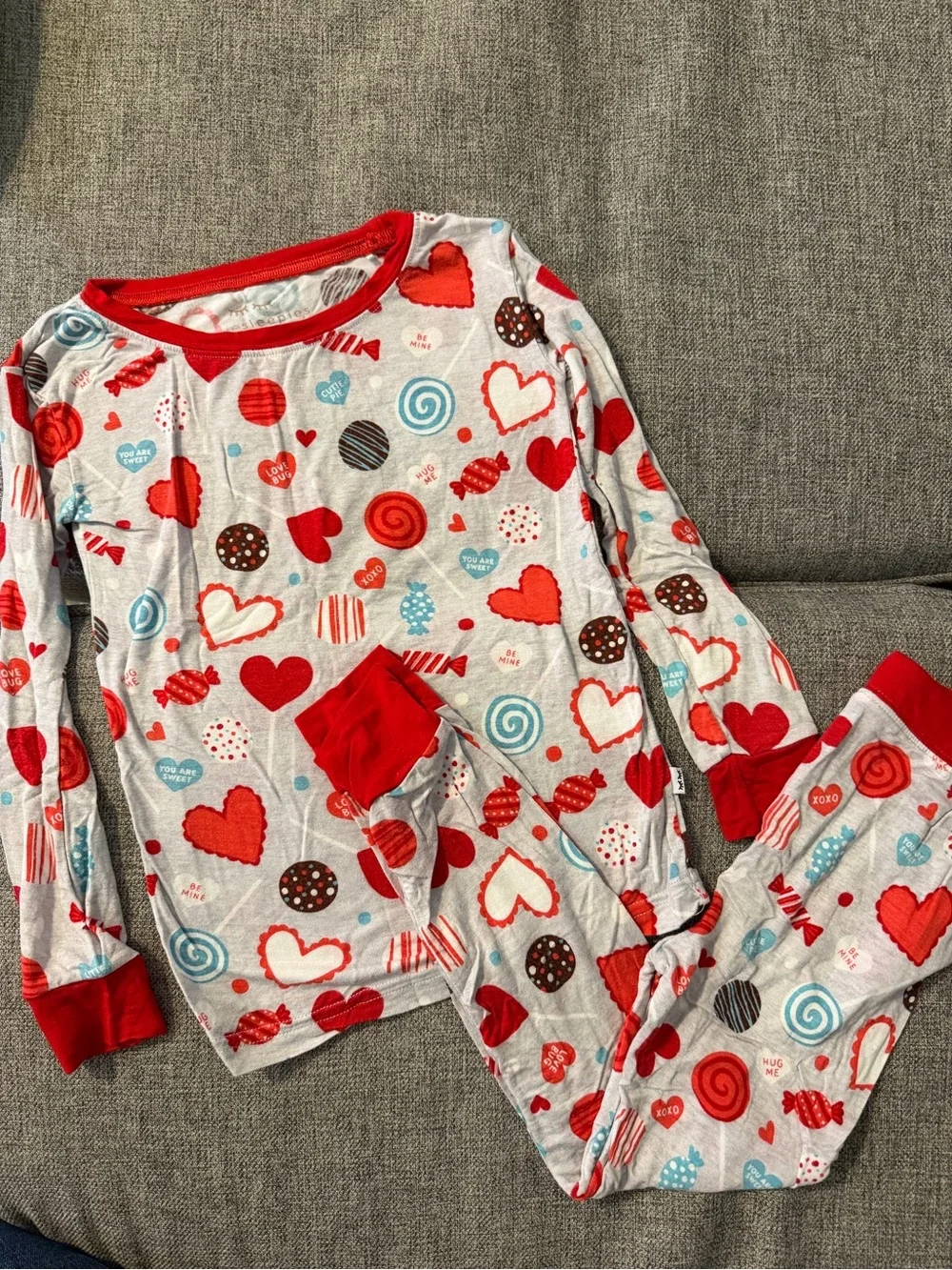 Little Sleepies Red/Gray Heart Candy Cuties Print Pajama Set Bamboo VGUC size 3T